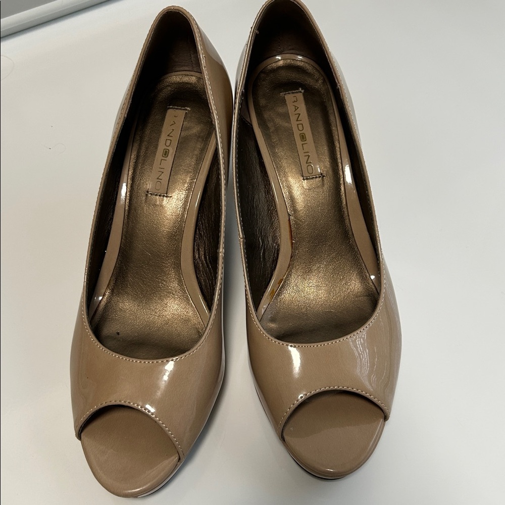 Bandolino Rainaa Platform Stiletto Peep Toe Pumps, Natural Patent, Size 8M